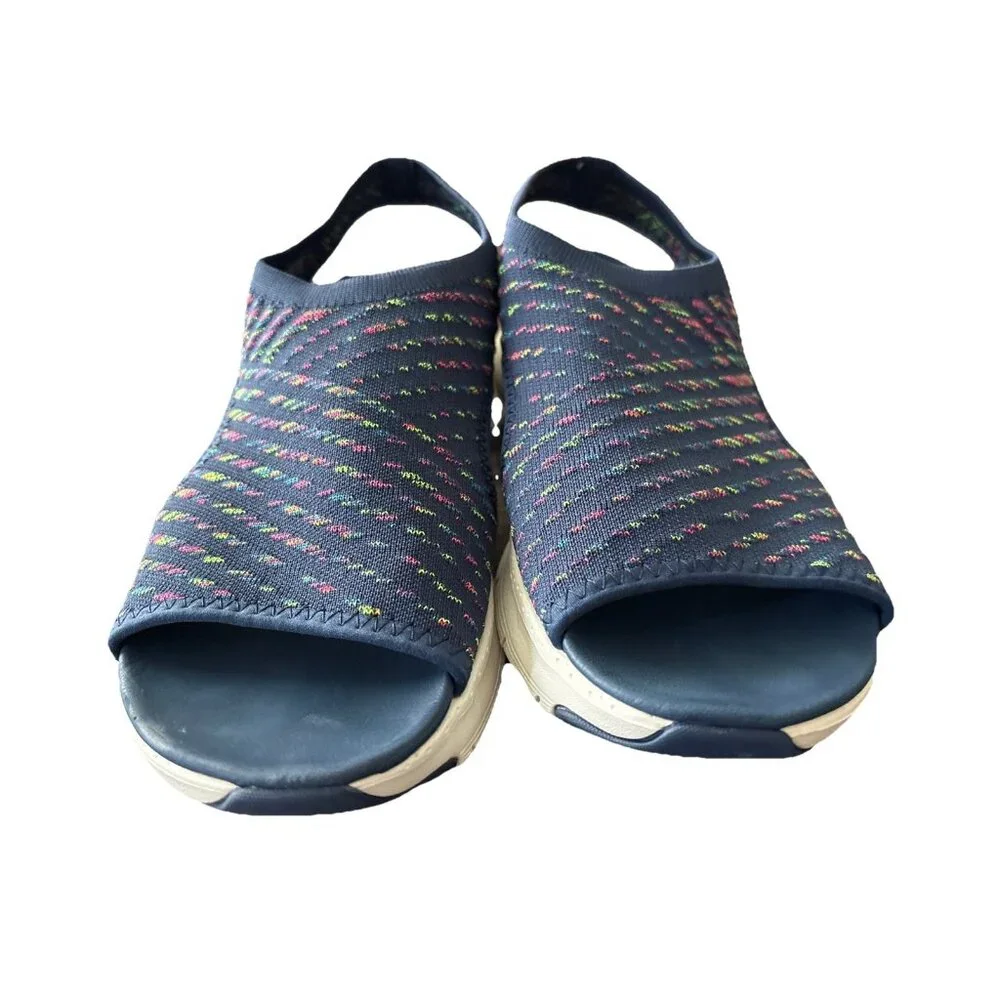 Skechers Womens Size 8 Catchy Wave Arch Fit Navy Blue Rainbow Knit Sandals